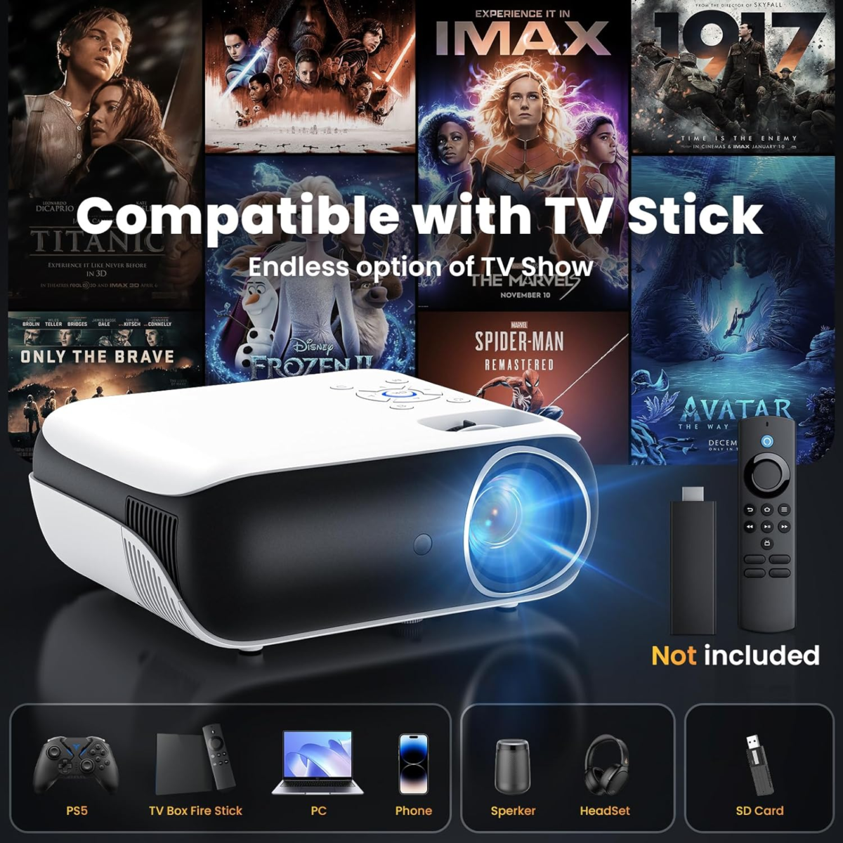 Projector, Native 1080P Bluetooth Projector, Portable Outdoor Movie Projector, Full HD Mini Projector with Speaker for Home Bedroom, Compatible with Smartphone,Hdmi,Usb,Av,Fire Stick,Ps5 - Image 5