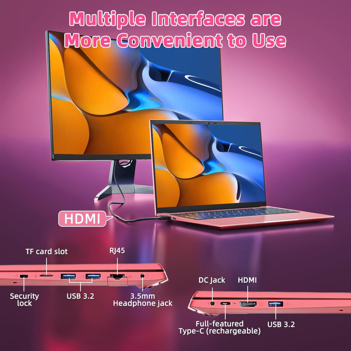15.6 Inch Laptops, Laptop Computers Students Business with 36GB RAM 128GB EMMC+1024GB SSD, Celeron N5095 Quad-Core(Up to 2.9Ghz), 11 Home, Wifi 6, USB 3.2, HDMI, Type-C, 7000Mah Battery(Pink) - Image 8