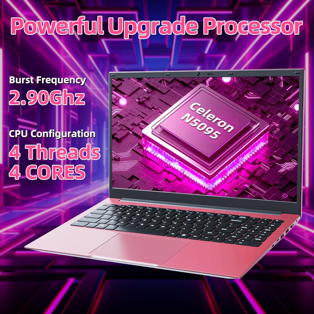 15.6 Inch Laptops, Laptop Computers Students Business with 36GB RAM 128GB EMMC+1024GB SSD, Celeron N5095 Quad-Core(Up to 2.9Ghz), 11 Home, Wifi 6, USB 3.2, HDMI, Type-C, 7000Mah Battery(Pink) - Image 3