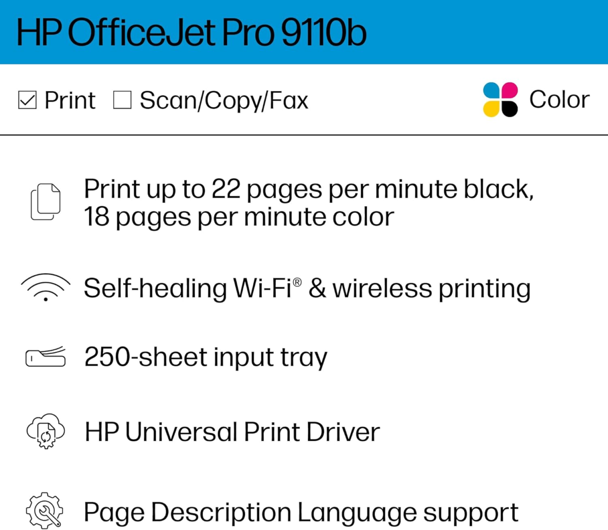 Officejet Pro 9110B Wireless Color Inkjet Printer, Print, Duplex Printing Best-For-Office (5A0S1A) - Image 2
