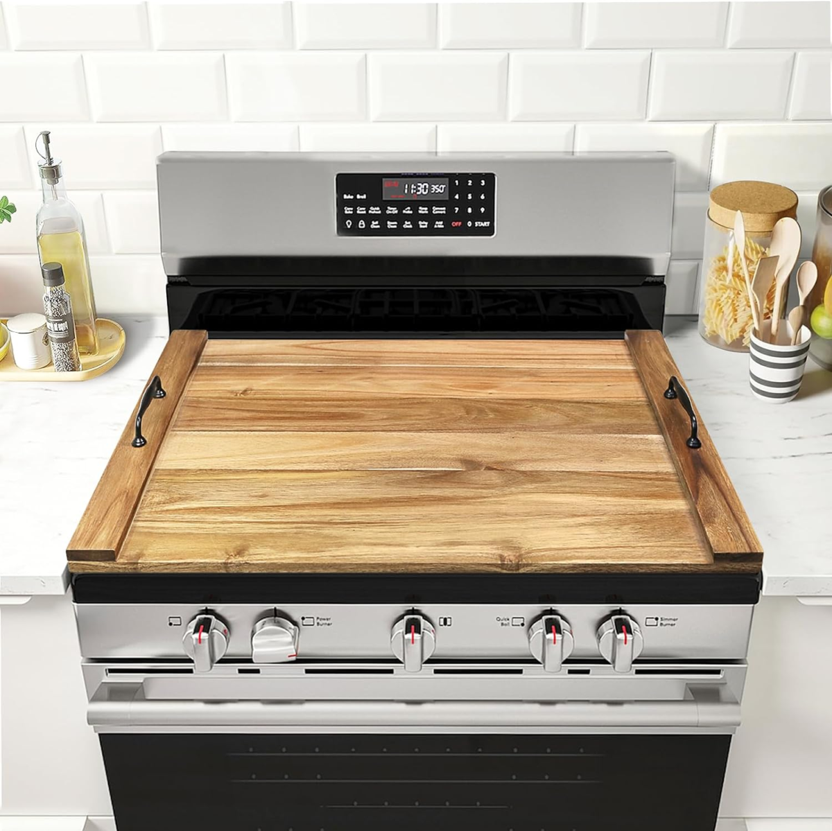 Noodle Board Stove Cover with Handles for Electric, Gas Stove Top (Acacia Wood) - Image 1