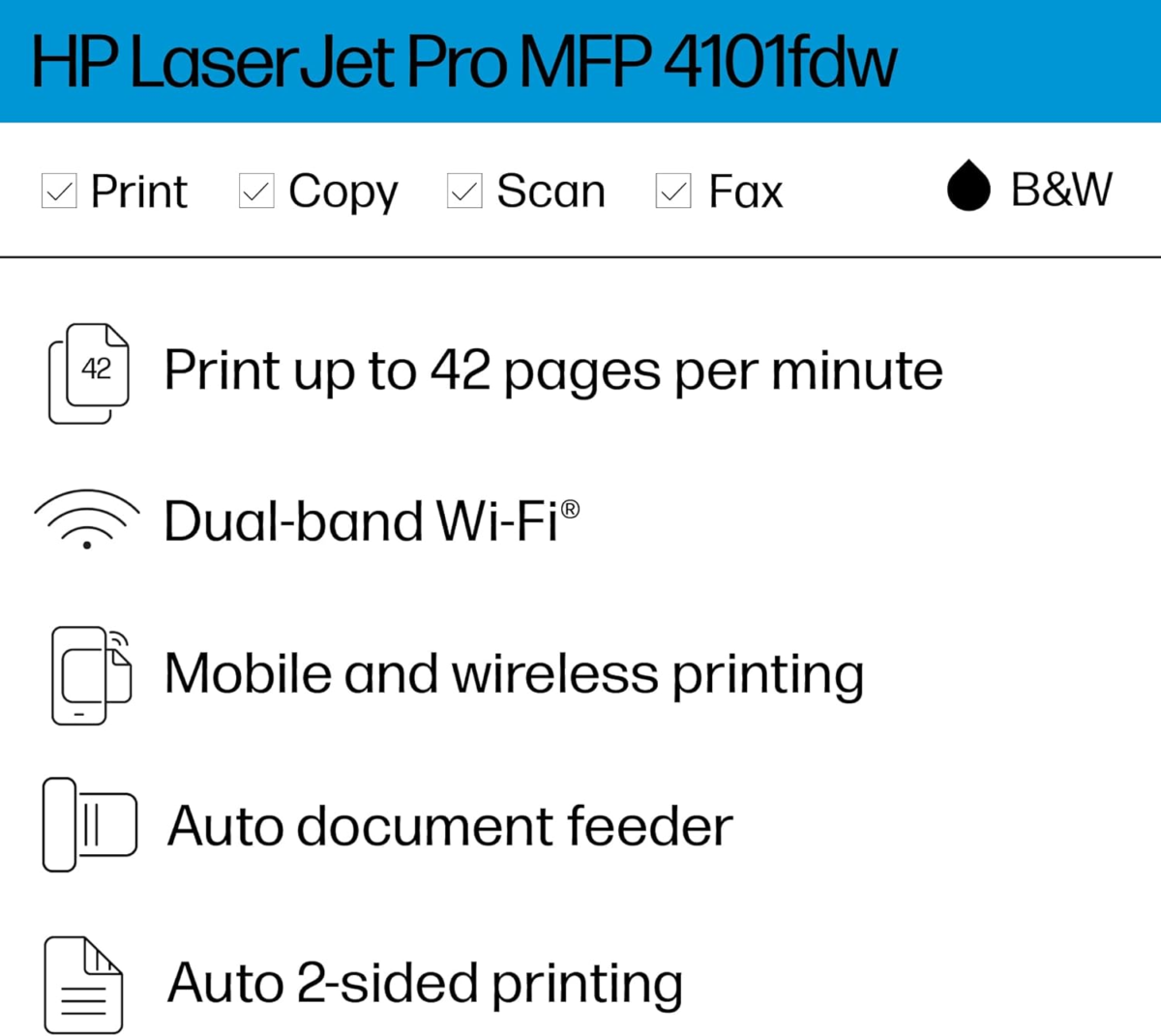 Laserjet Pro MFP 4101Fdw Wireless Black & White All-In-One Laser Printer, Scanner, Copier, Fax, Best-For-Office (2Z619F) - Image 2