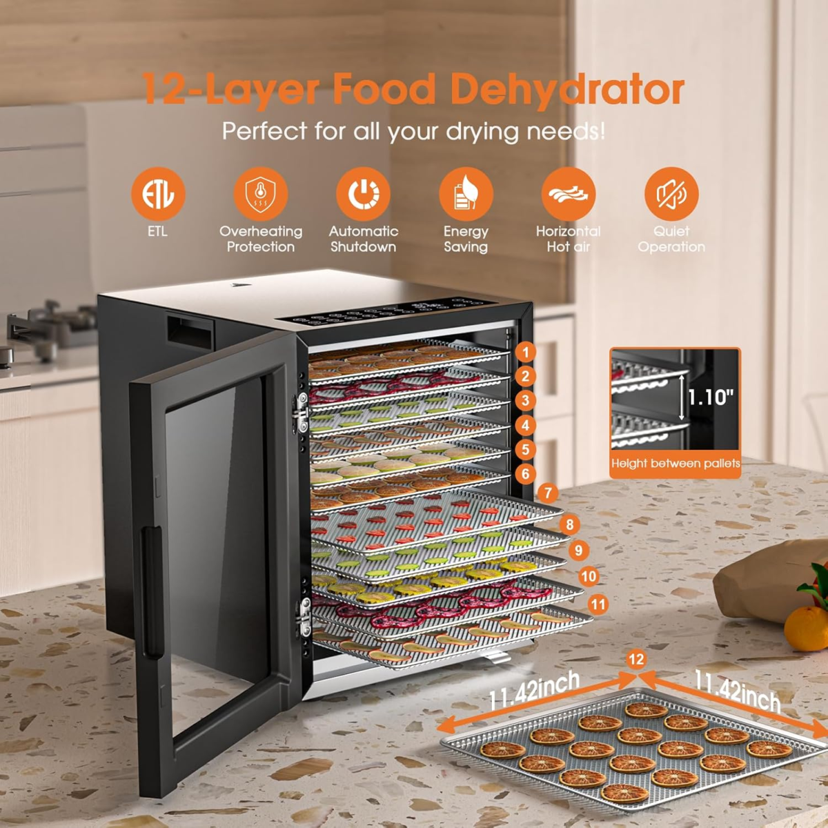 Food Dehydrator Machine, 12-Trays Stainless Steel Digital Food Dryer for Home,10 Presets, 48H Timer and Temperature Control, 850W Dehydrators for Food and Jerky, Dog Treats,Meats & Veggies - Image 2