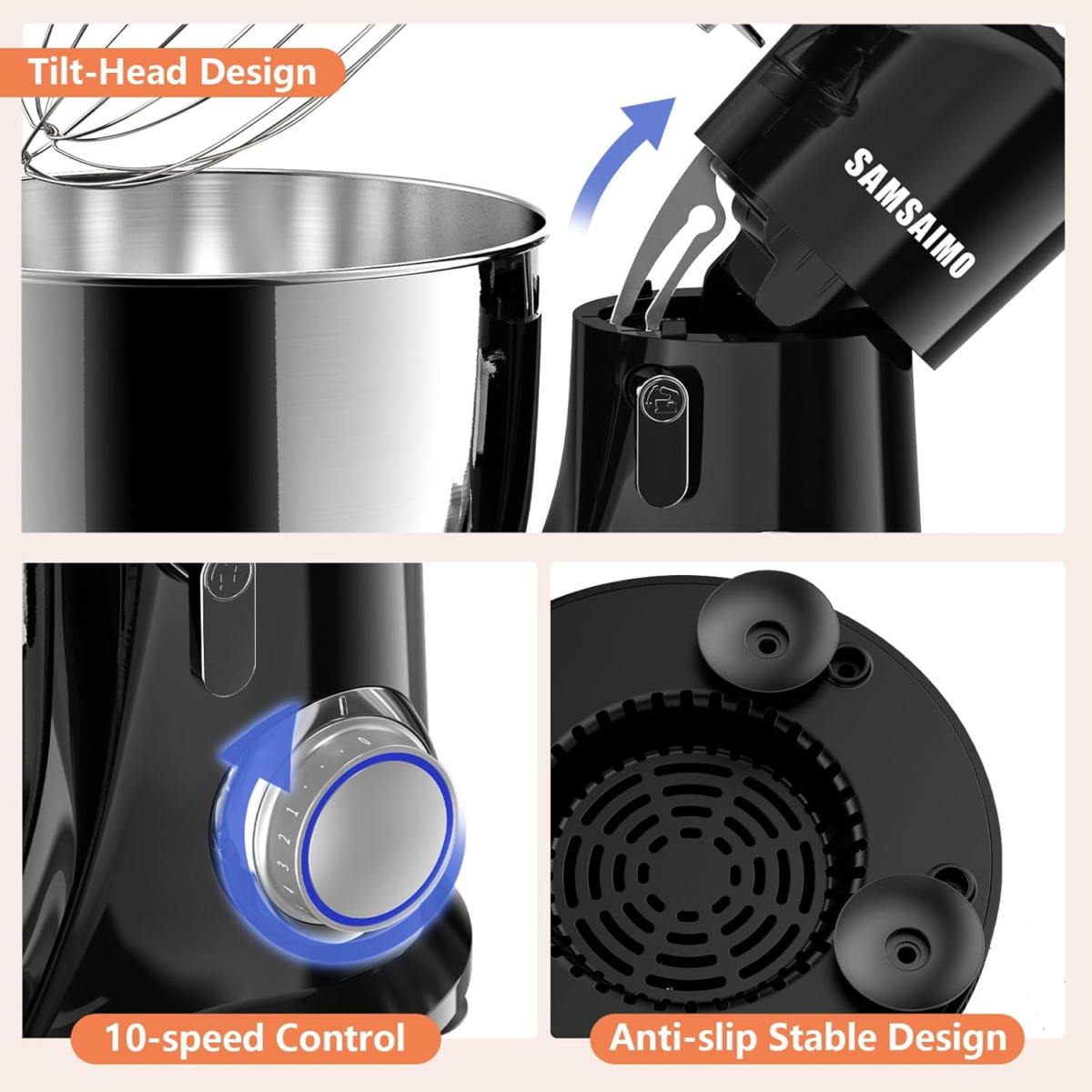 3-IN-1 Electric Stand Mixer, 10-Speed with Pulse Button, Attachments Include 6QT Bowl, Dough Hook, Beater, Whisk for Most Home Cooks, Onyx Black - Image 4