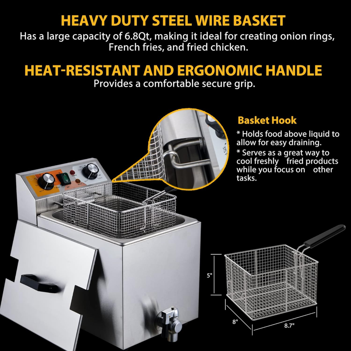 14 Qt. Electric Countertop Commercial Deep Fryer with 6.8 Qt. Basket, for Restaurant and Home - 120V, 1700W, Stainless Steel Build - Image 5