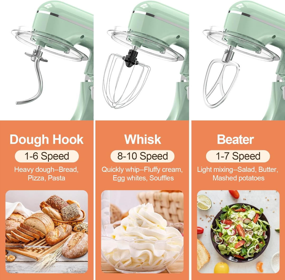 3-IN-1 Electric Stand Mixer, 6QT Bowl 10-Speed Kitchen Mixer, Household Food Mixers Include Dough Hook, Beater and Whisk, Bread Cake Mixer for Baking and Most Home Cooks, Agave Green - Image 3