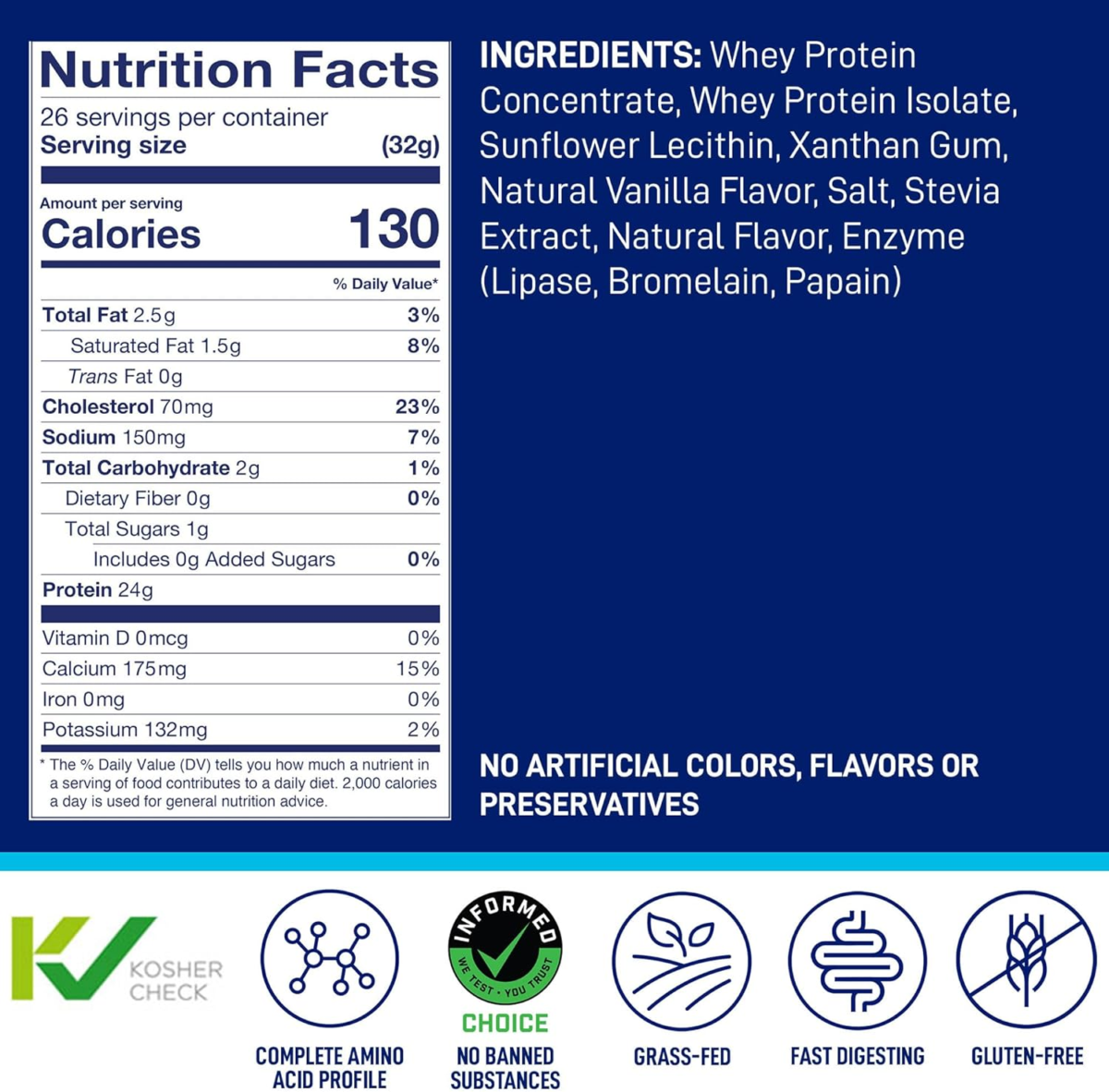 WHEY Protein Natural Vanilla – 100% Whey Protein Powder, 24G Protein per Serving – Grass-Fed, Gluten-Free, Low Carb, Bcaas, Amino Acid – 23 Servings, 1.83 Pound Tub - Image 2