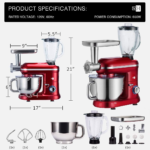 3 in 1 Multifunctional Stand Mixer with 6 Quart Stainless Steel Bowl, 650W 6 Speed Tilt-Head Meat Grinder, Juice Blender, Red - Image 7