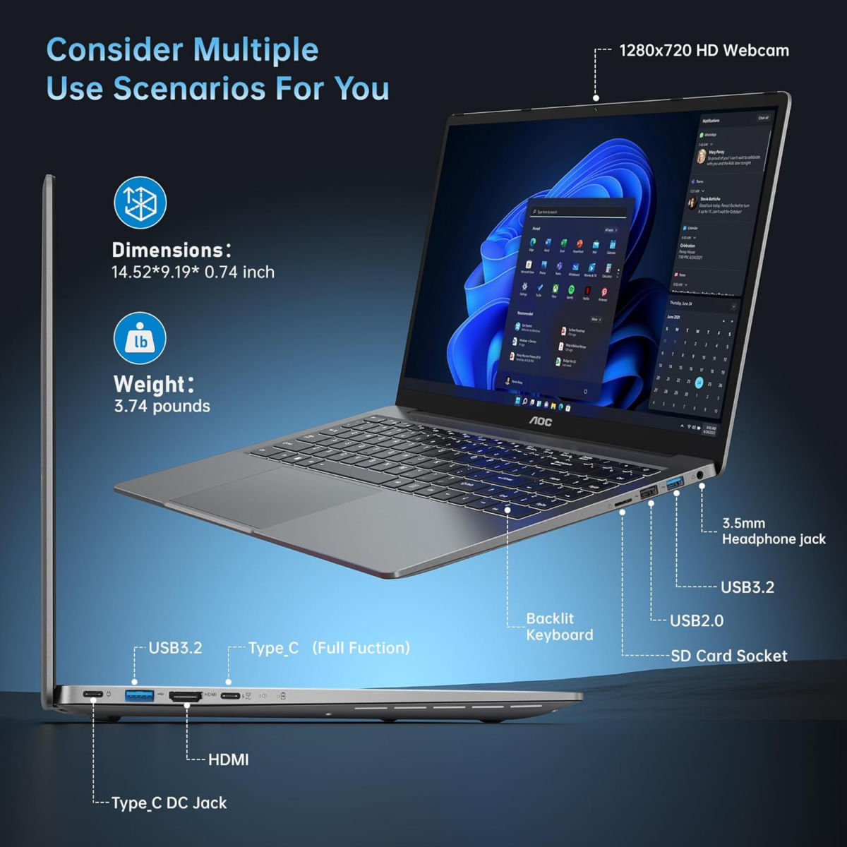Gaming Laptop, 16.1” FHD Display, AMD Ryzen 7 5825U Octa-Core CPU, 16GB RAM 512GB SSD, Windows 11 Laptop Computer, Wi-Fi 6, Backlit Keyboard, HDMI, USB3.2, Type-C, 53Wh Battery, Metal Shell - Image 5