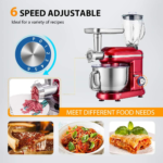 3 in 1 Multifunctional Stand Mixer with 6 Quart Stainless Steel Bowl, 650W 6 Speed Tilt-Head Meat Grinder, Juice Blender, Red - Image 3