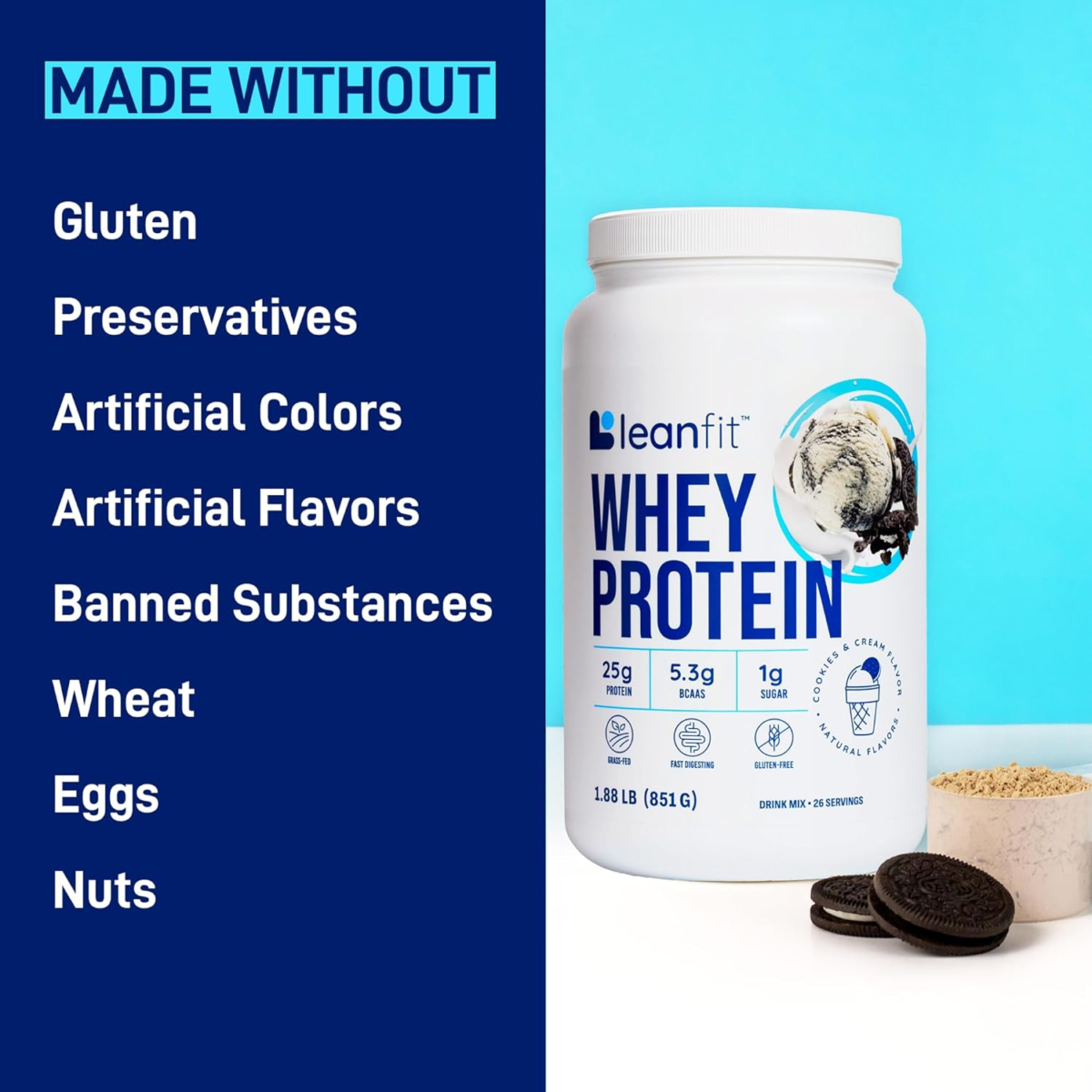 WHEY Protein Cookies & Cream - 100% Whey Protein Powder, 25G Protein per Serving - Grass-Fed, Gluten-Free, Bcaas, Amino Acid - 26 Servings, 1.88 Lb Tub - Image 7