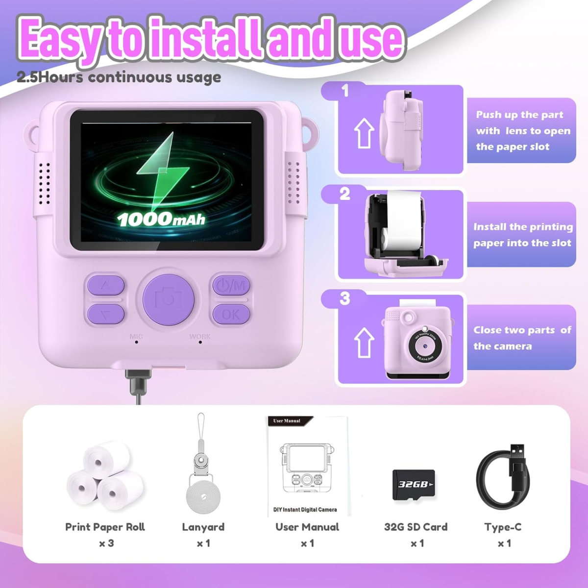 Instant Print Camera for Kids, Christmas Birthday Gifts for Girls Boys, HD Digital Video Cameras for Toddler, Portable Toy for 4 5 6 7 8 9 10 Year Old Girl with 32GB SD Card-Purple - Image 6