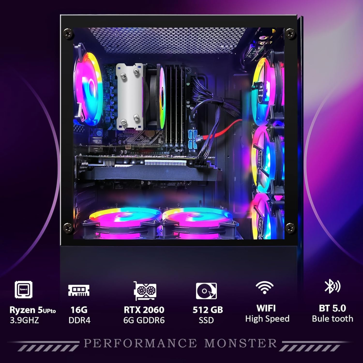 Gaming PC Computer Desktop, Geforce RTX 2060 6G GDDR6, AMD Ryzen 5 PRO 2600 up to 3.9G, 16G DDR4, 512G SSD, 600M Wifi, BT 5.0, RGB Fan X 6, RGB Mouse Pad, Windows 11 Home - Image 5
