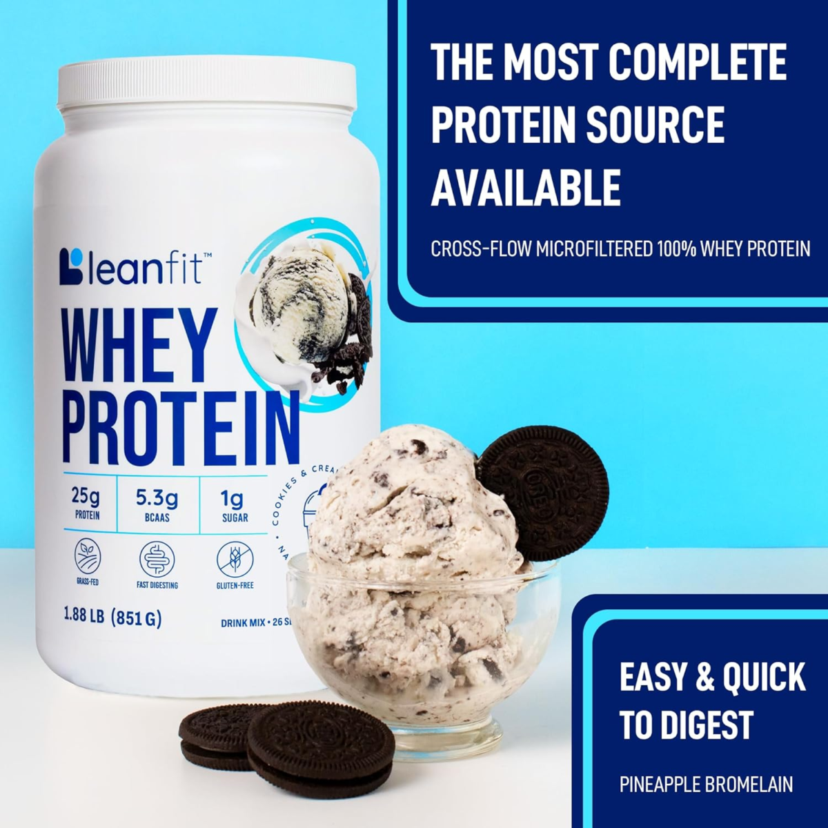 WHEY Protein Cookies & Cream - 100% Whey Protein Powder, 25G Protein per Serving - Grass-Fed, Gluten-Free, Bcaas, Amino Acid - 26 Servings, 1.88 Lb Tub - Image 9