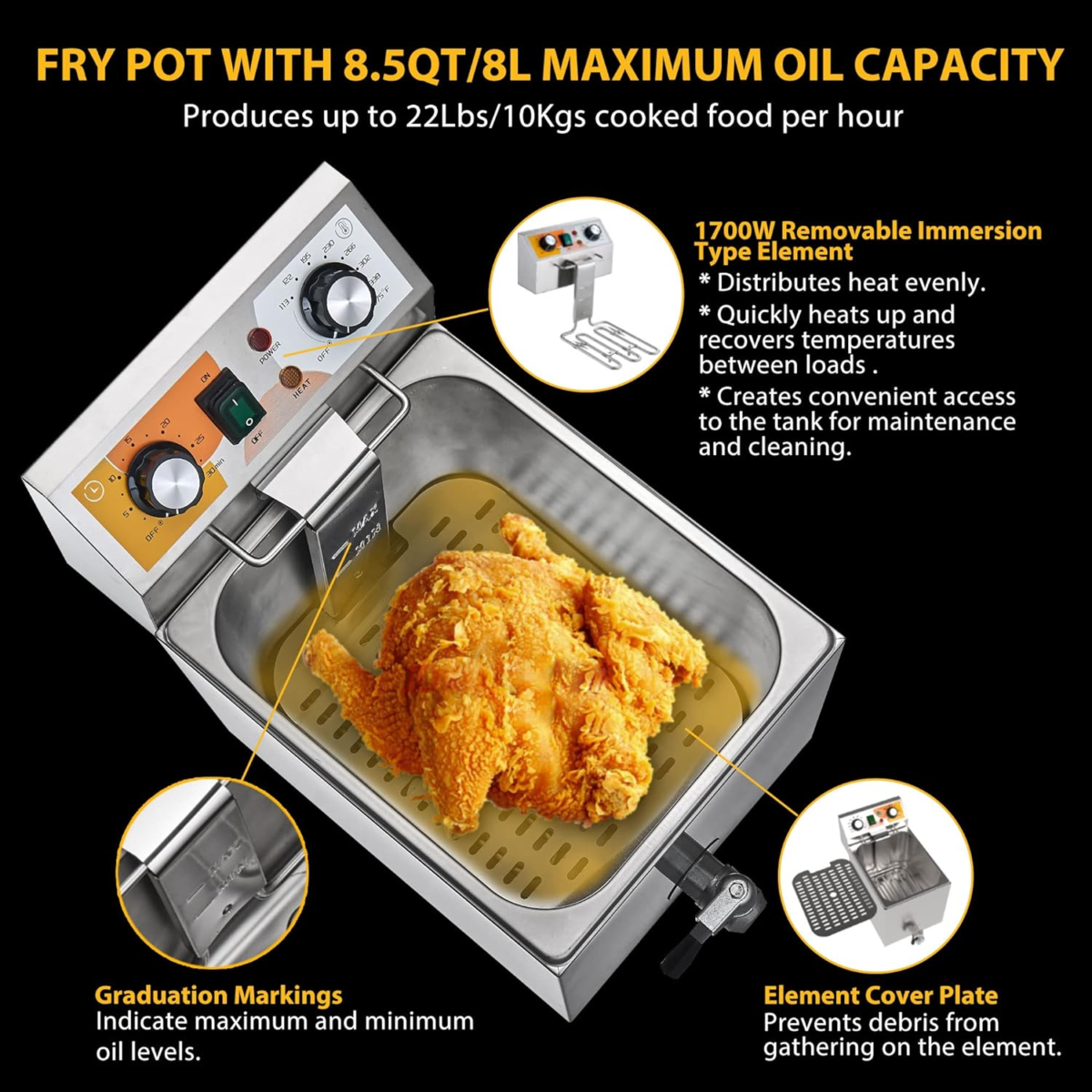 14 Qt. Electric Countertop Commercial Deep Fryer with 6.8 Qt. Basket, for Restaurant and Home - 120V, 1700W, Stainless Steel Build - Image 4