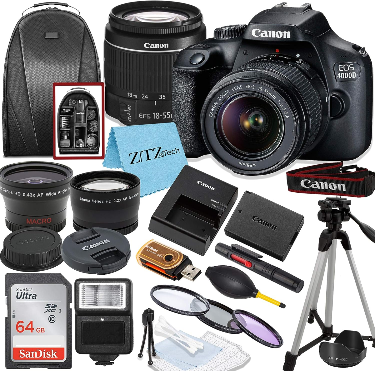 Canon EOS T100/4000D DSLR Camera with EF-S 18-55Mm Lens, Sandisk Memory Card, Tripod, Flash, Backpack + Zeetech Accessory Bundle (Canon 18-55Mm, Sandisk 64GB) (Renewed) - Image 1