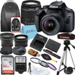 Canon EOS T100/4000D DSLR Camera with EF-S 18-55Mm Lens, Sandisk Memory Card, Tripod, Flash, Backpack + Zeetech Accessory Bundle (Canon 18-55Mm, Sandisk 64GB) (Renewed)