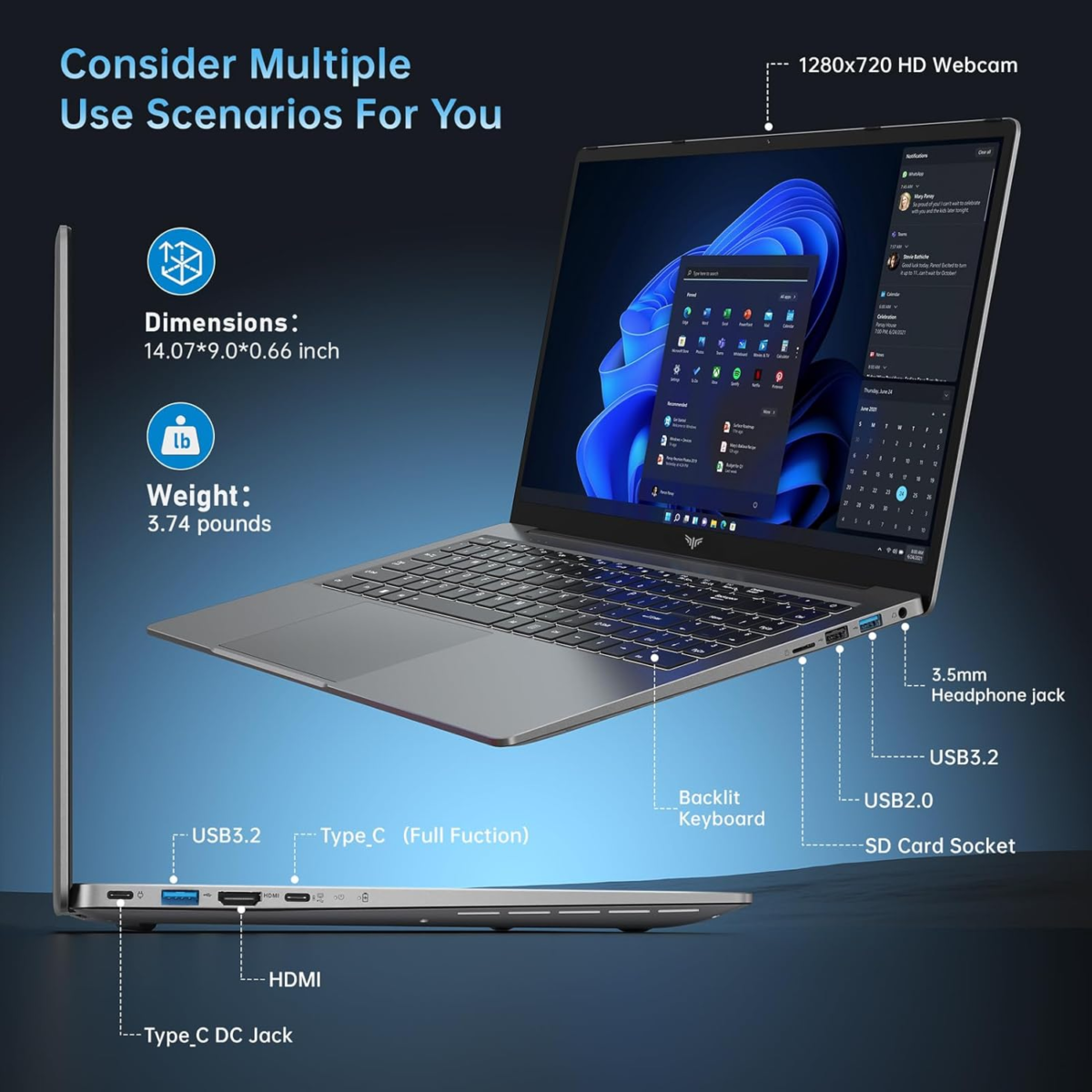 2024 Newest Gaming Laptop, 16.1-Inch FHD Display Laptop with AMD Ryzen 7 5825U Processor(8C/16T), 16GB RAM 512GB ROM Laptop Computer, Support Wifi 6, 53Wh Battery, with Backlit Keyboard - Image 3