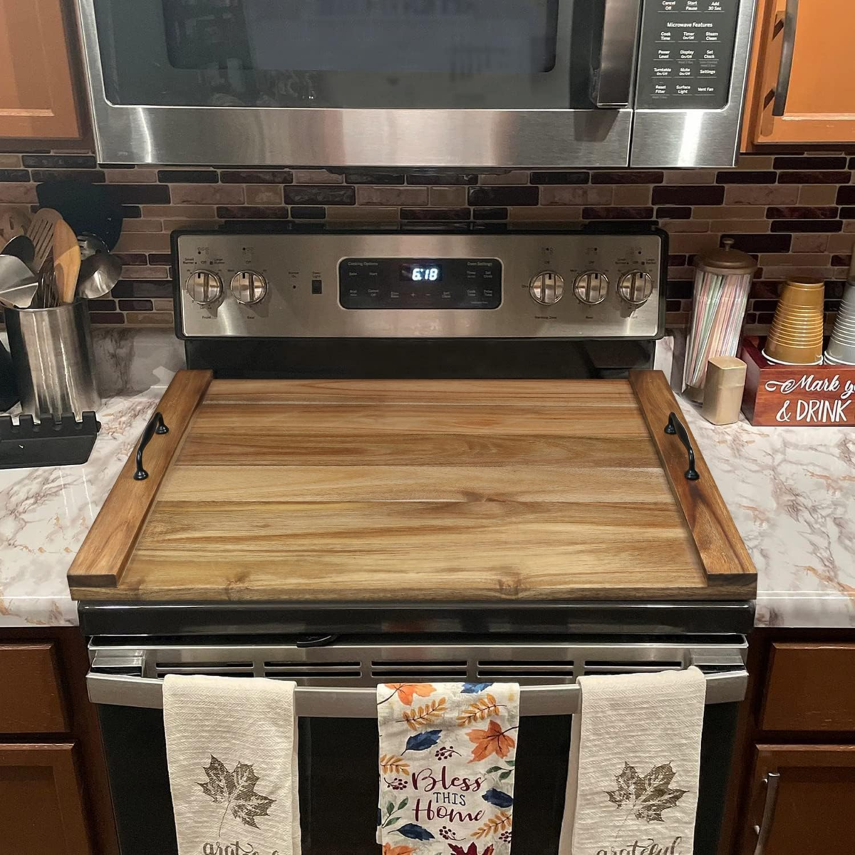 Noodle Board Stove Cover with Handles for Electric, Gas Stove Top (Acacia Wood) - Image 3