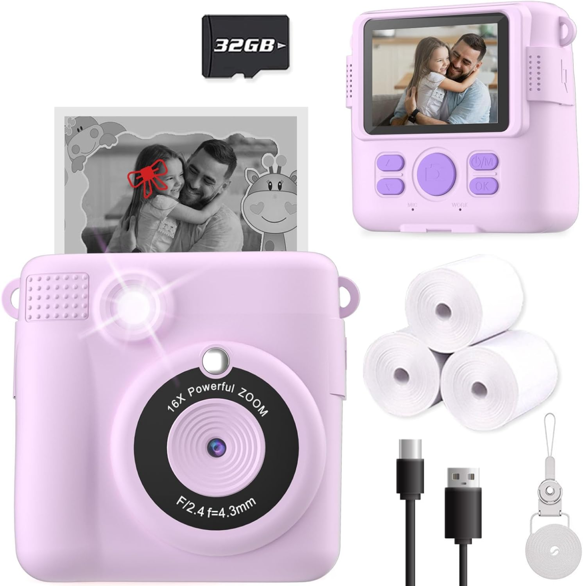 Instant Print Camera for Kids, Christmas Birthday Gifts for Girls Boys, HD Digital Video Cameras for Toddler, Portable Toy for 4 5 6 7 8 9 10 Year Old Girl with 32GB SD Card-Purple - Image 1