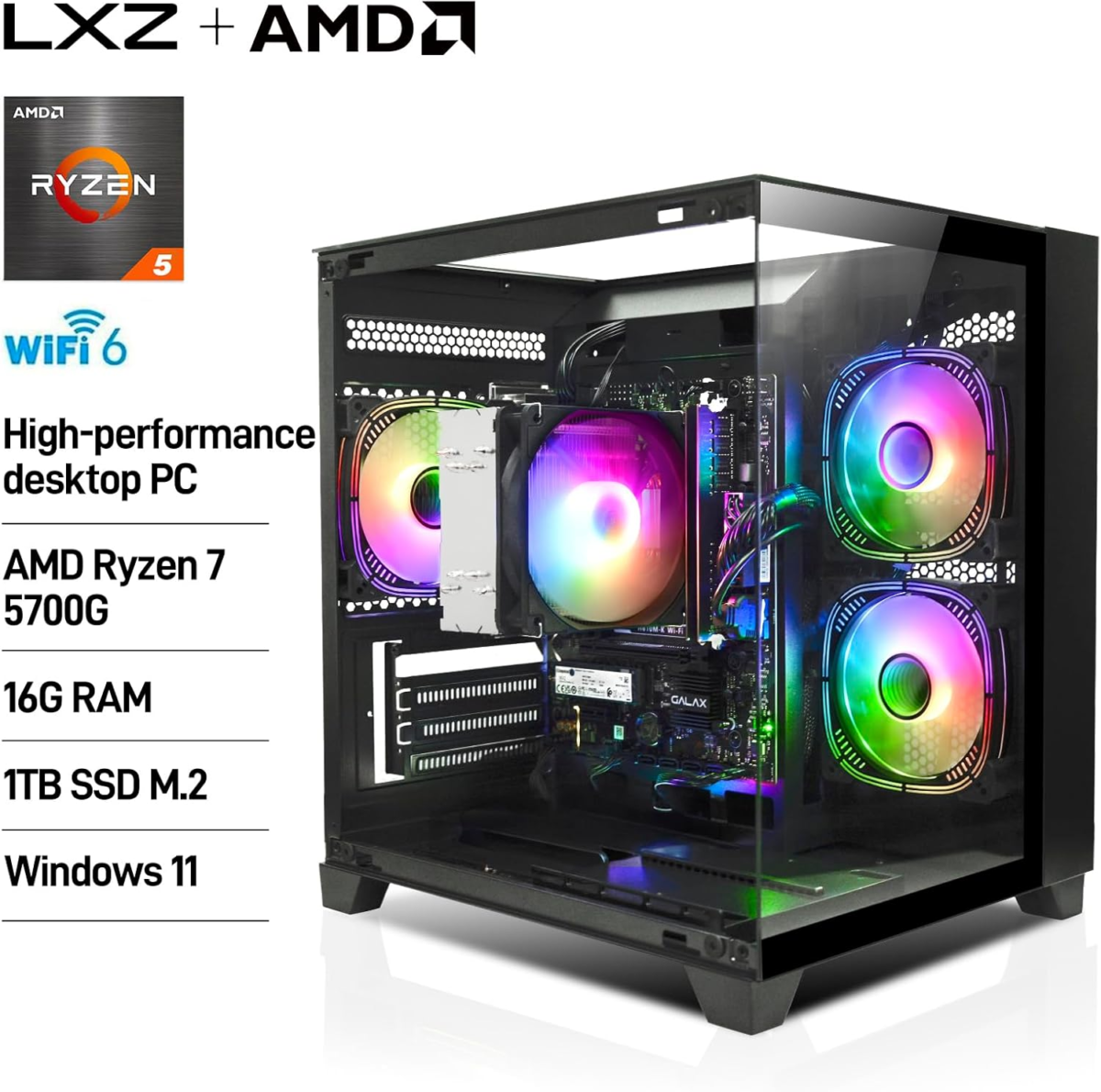 Desktop Computer AMD Ryzen 7-5700G 8 Core 3.9Ghz, 16G DDR4 RAM, 1TB NVME SSD, Tower Computer for Gaming, Home and Office (Black) - Image 2