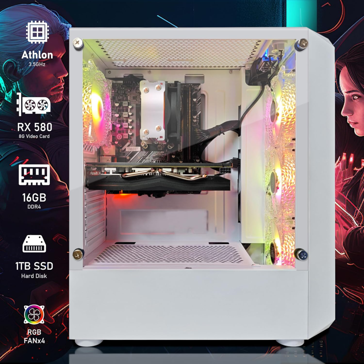 Gaming PC Computer Desktop, AMD Athlon 3000G 3.5G, Radeon RX 580 8G GDDR5, 16G DDR4 Memory, 1T SSD, 600M Wifi, BT 5.0, RGB Fan X 4, RGB Mouse Pad, Windows 11 Home,White - Image 3