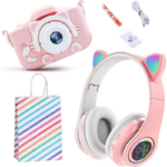 Gift Set Kids Photo Camera and Wireless Cat Headphones + Gift Paper Bag (Pink) Birthday, Christmas, New Year