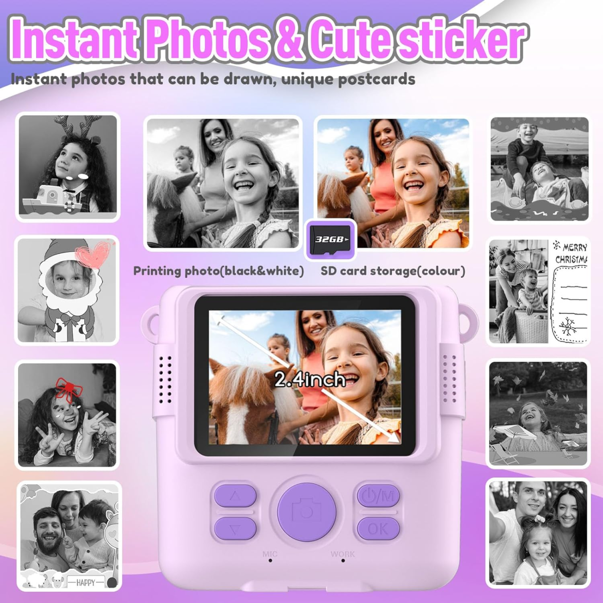 Instant Print Camera for Kids, Christmas Birthday Gifts for Girls Boys, HD Digital Video Cameras for Toddler, Portable Toy for 4 5 6 7 8 9 10 Year Old Girl with 32GB SD Card-Purple - Image 3