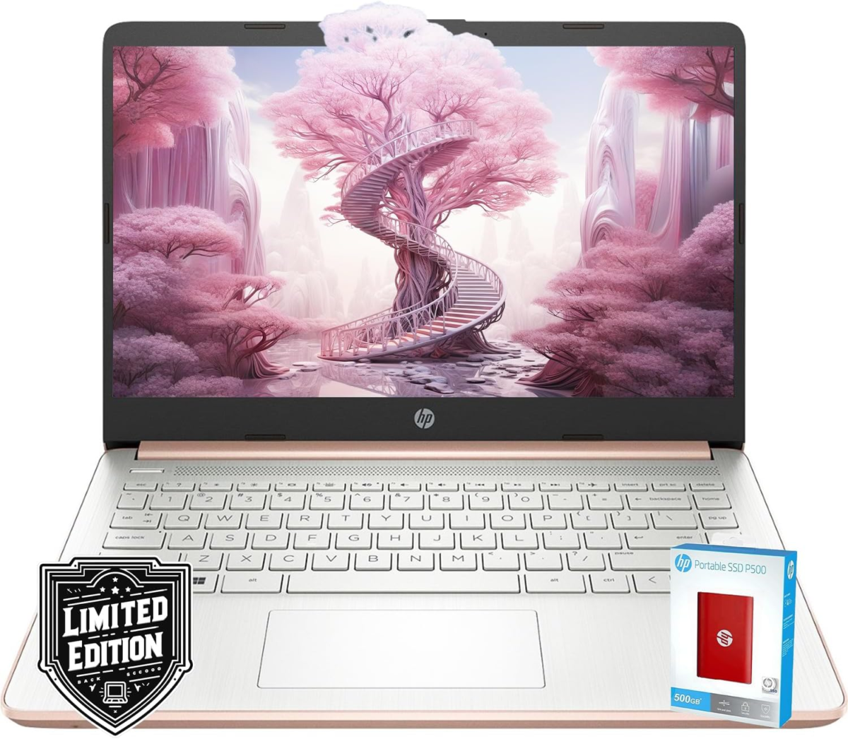 14" HD Laptop | Back to School Limited Edition with 1 Year Microsoft 365 | Intel Quad-Core Processor | 8GB RAM | 576GB Storage | Long Battery Life | Rose Gold | 512GB  P500 External SSD | Win 11 - Image 1