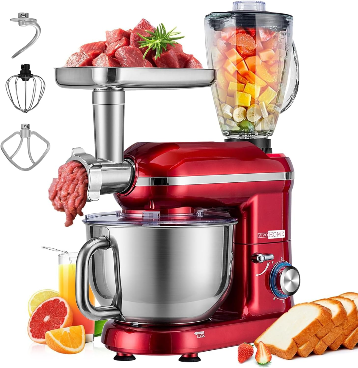 3 in 1 Multifunctional Stand Mixer with 6 Quart Stainless Steel Bowl, 650W 6 Speed Tilt-Head Meat Grinder, Juice Blender, Red - Image 1