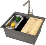 Workstation Ledge Topmount/Drop-In Single Bowl Satin Brass Matte Stainless Steel Kitchen/Yard/Bar/Laundry/Office Sink, with Grid, Colander, Cutting Board, Strainer with Basket (23X20X9 Black)