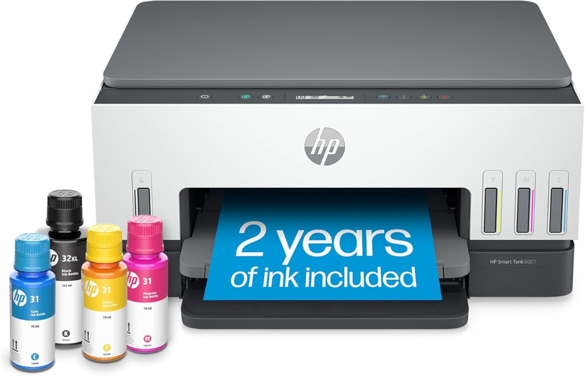 Smart -Tank 6001 Wireless Cartridge-Free All in One Printer, This Ink -Tank Printer Comes with up to 2 Years of Ink Included, with Mobile Print, Scan, Copy (2H0B9A) - Image 1
