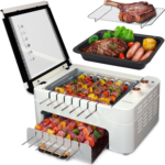 Indoor Smokeless Electric Grill for Kabob Skewers -  Indoor Tabletop BBQ Grill Smokeless Auto 360° Rotating Rotisserie.Indoor Barbecue with Removable Grill Pan,Grill Grate & Lid,Dual Zone Cooking