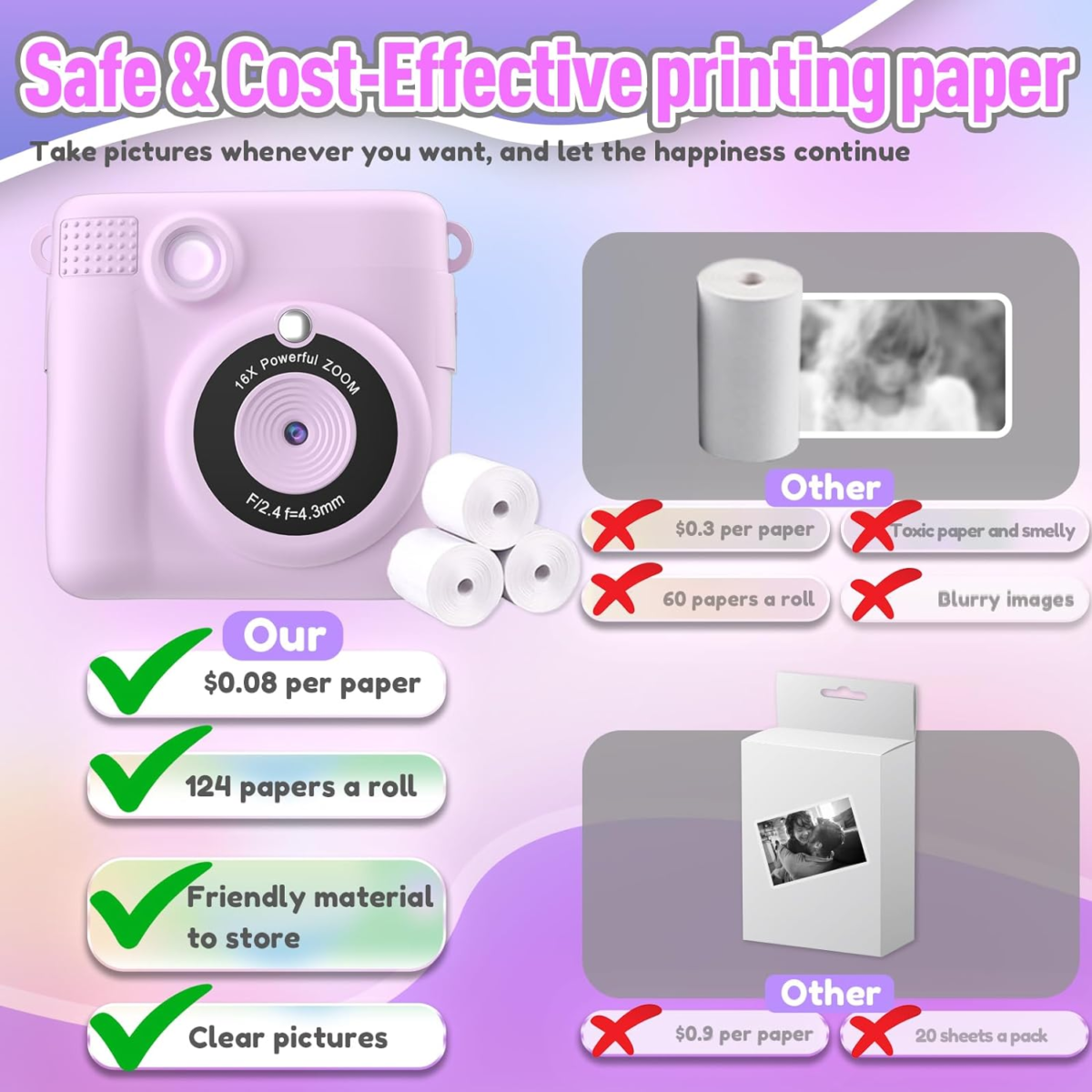 Instant Print Camera for Kids, Christmas Birthday Gifts for Girls Boys, HD Digital Video Cameras for Toddler, Portable Toy for 4 5 6 7 8 9 10 Year Old Girl with 32GB SD Card-Purple - Image 5