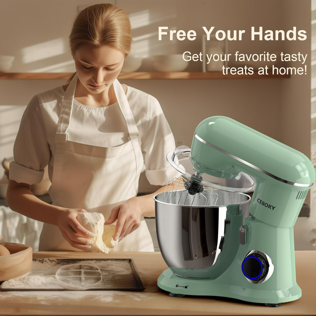 3-IN-1 Electric Stand Mixer, 6QT Bowl 10-Speed Kitchen Mixer, Household Food Mixers Include Dough Hook, Beater and Whisk, Bread Cake Mixer for Baking and Most Home Cooks, Agave Green - Image 6
