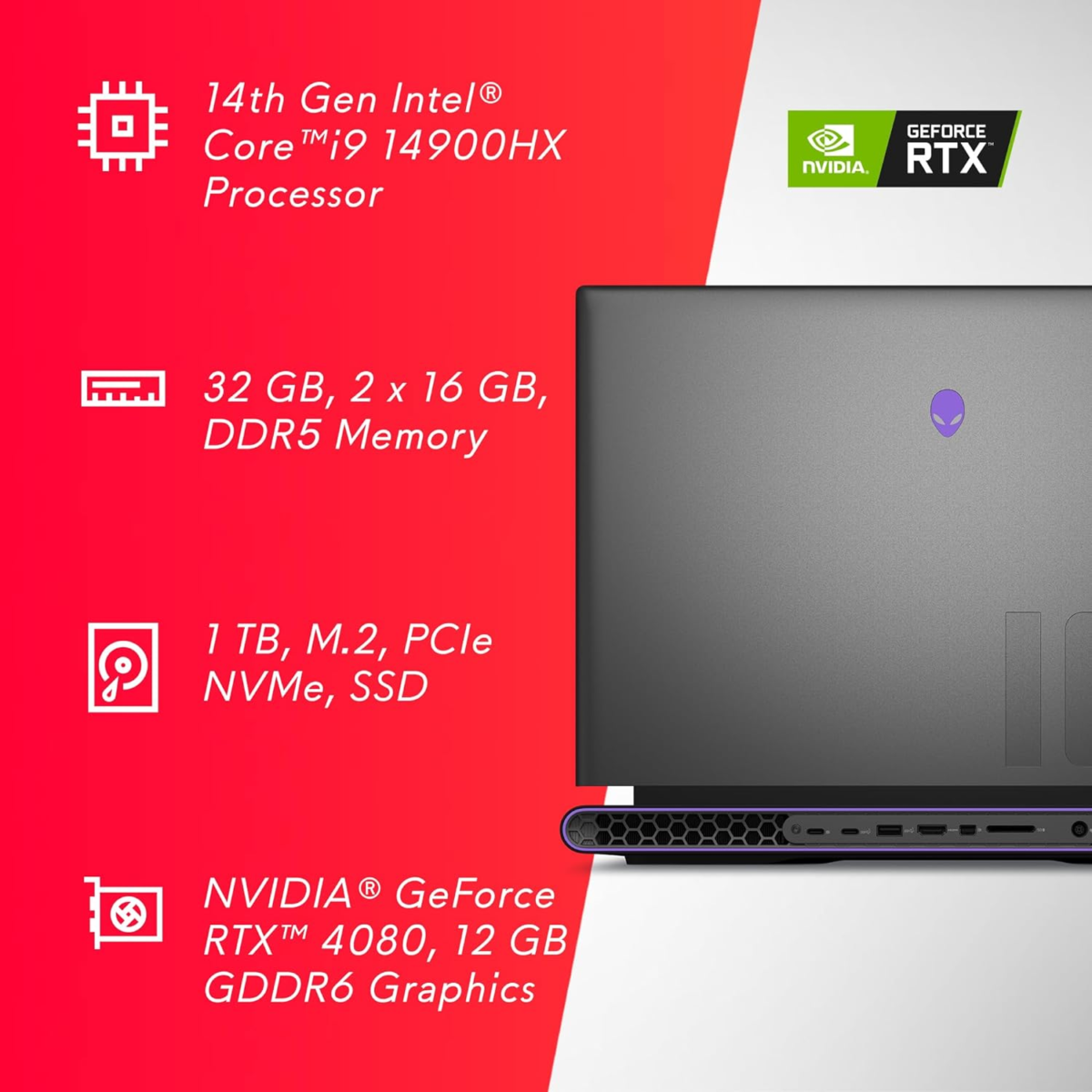 M18 R2 Gaming Laptop - 18 QHD+ 165Hz 3Ms Display, Intel Core I9-14900Hx, 32GB DDR5 RAM, 1TB SSD, NVIDIA Geforce RTX 4080 12 GB GDDR6, Windows 11 Home, Onsite Service - Dark Metallic Moon - Image 10