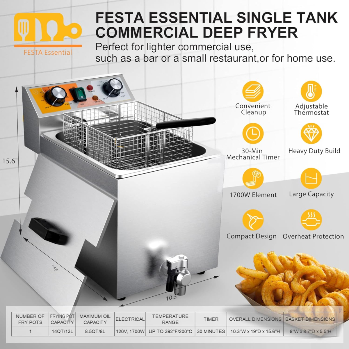 14 Qt. Electric Countertop Commercial Deep Fryer with 6.8 Qt. Basket, for Restaurant and Home - 120V, 1700W, Stainless Steel Build - Image 2