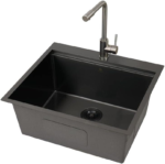 Workstation Ledge Topmount/Drop-In Single Bowl Satin Brass Matte Stainless Steel Kitchen/Yard/Bar/Laundry/Office Sink, with Grid, Colander, Cutting Board, Strainer with Basket (23X20X9 Black) - Image 3